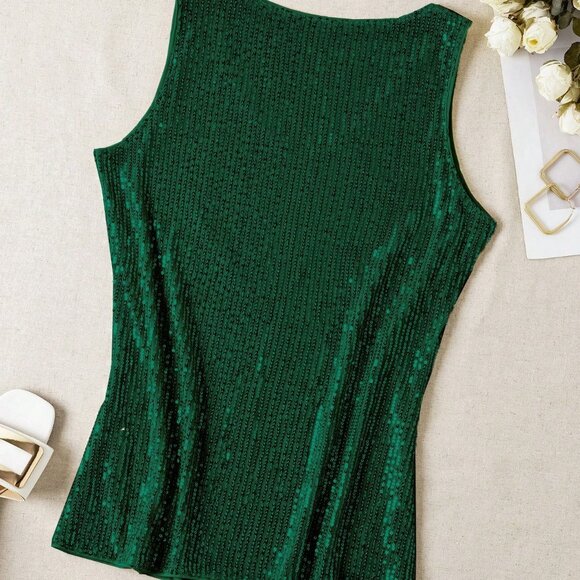 Dark Green Casual Sequin Women's V-Neck Sleeveless Tank Top - Picture 2 of 4